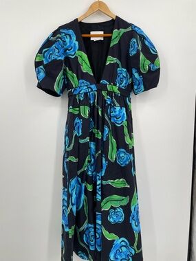 De Loreta Floral Puff Sleeve Midi Dress Black Blue Green Size Small